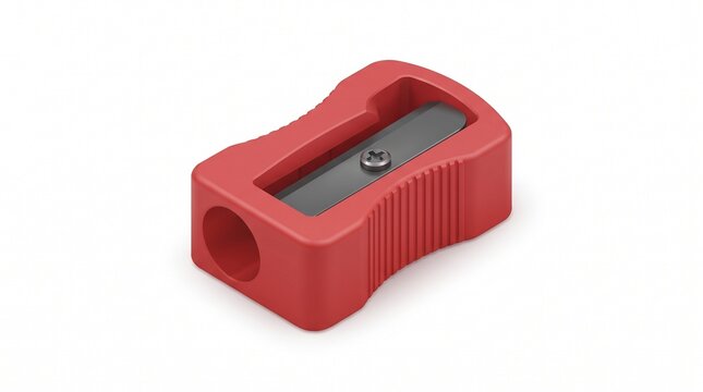 Red plastic single-hole pencil sharpener with textured grip sides, metal blade secured by Phillips screw, classic stationery tool for sharpening pencils, isolated on white background.