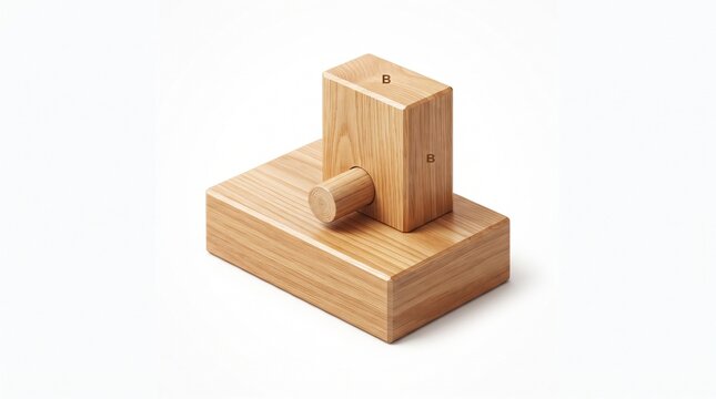 Light oak wood dowel joint with vertical Block B mounted on base board, cylindrical wooden peg inserted through side, woodworking joinery technique isolated on white background.