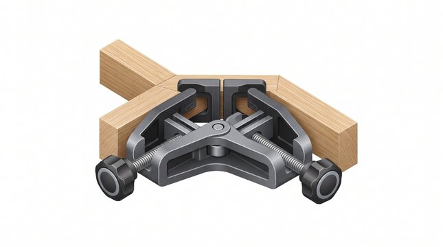 Metal corner clamp with dual black adjustment knobs and threaded screws securing two wooden mitered boards at 90 degrees, woodworking joint tool for frame assembly, isolated on white background.