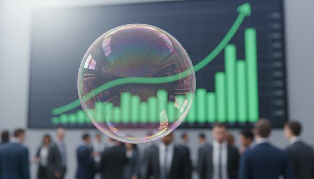 A bubble shines before dense charts marking the delicate balance between hope and risk. It underlines how rapid gains may hide deeper vulnerabilities