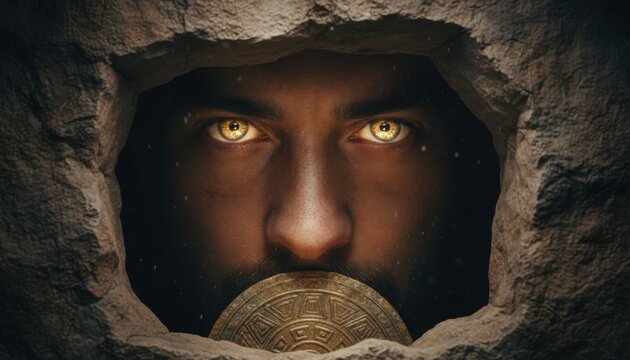 Man with glowing eyes peering through stone opening holding ancient disk evoking archaeology lost civilization myth treasure hunt and adventure fantasy concept