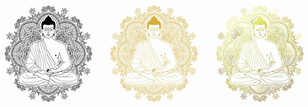 Lord Buddha in mandala set meditating buddha statue vector silhouettes black and gold spiritual ornaments
