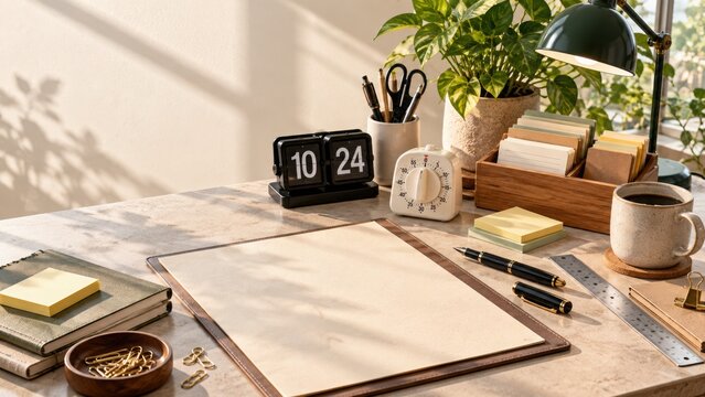 Minimalist home office desk with blank paper mockup, aesthetic workspace with retro flip clock and stationery, cozy sunlit study table with green plants