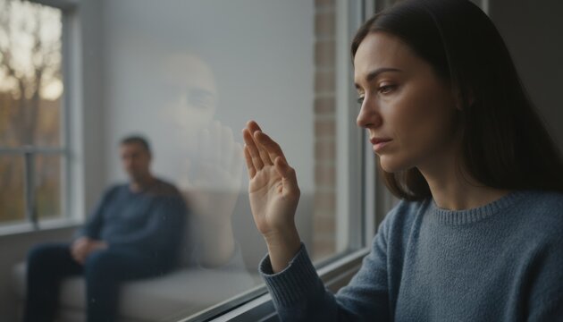 A somber scene of a woman gazing out a window with her reflection visible while a distant figure sits behind her conveying themes of emotional distance introspection and longing