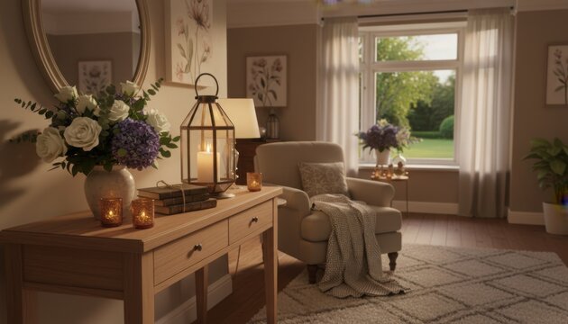 Cozy indoor scene featuring a wooden console table with a lantern, flowers, and books next to a cream armchair by a sunlit window