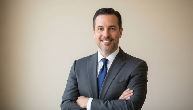 Smiling, well dressed businessman wearing a gray suit and a blue tie with his arms crossed stands confidently against a neutral background