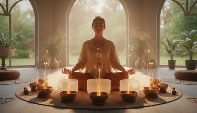 Woman meditating with singing bowls in tranquil room expressing mindfulness spiritual practice inner balance relaxation and holistic wellness ritual