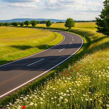 Asphalt road winding through green fields with vibrant colorful spring flowers