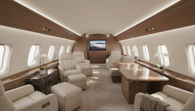 Luxury private jet cabin interior featuring cream leather seats and dark wood panels with elegant floral arrangements