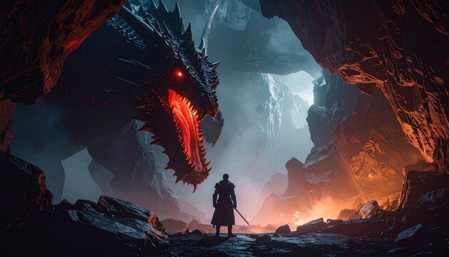 Lone warrior with sword facing massive black dragon with glowing red eyes and mouth inside dark rocky cavern with fire