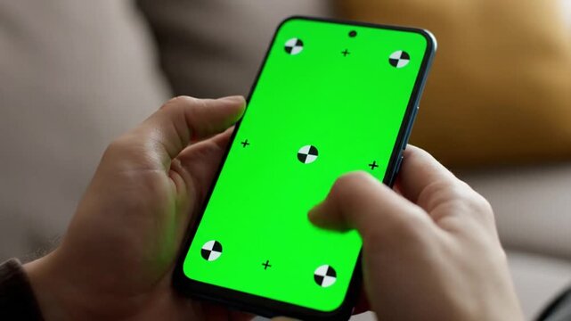 Person holding modern smartphone with green screen tracking markers in high resolution digital motion footage