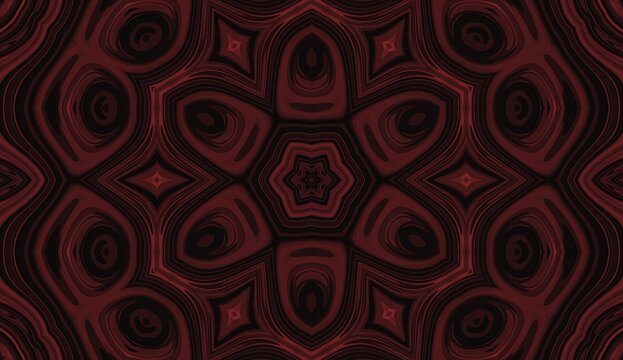 Deep maroon and black abstract kaleidoscope pattern with symmetrical liquid swirl texture and ornamental dark background