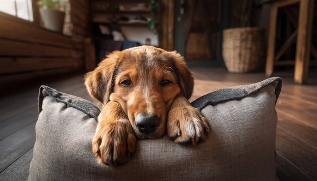 Small brown fluffy puppy resting head on soft grey cushion while looking directly at camera in cozy sunlit living room with wooden floors