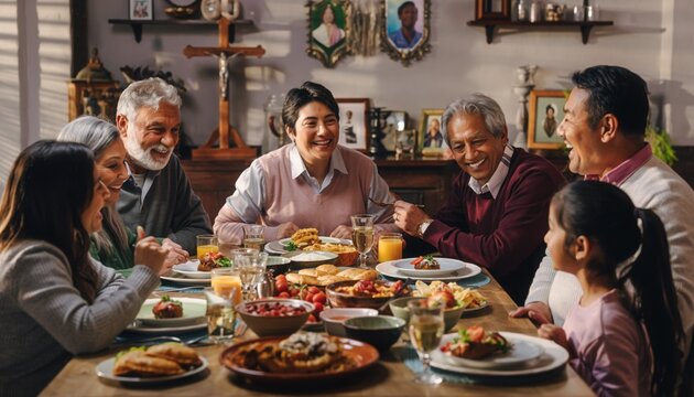 Large multi-generational family sharing happy meal together around dining table filled with diverse dishes in warm home interior