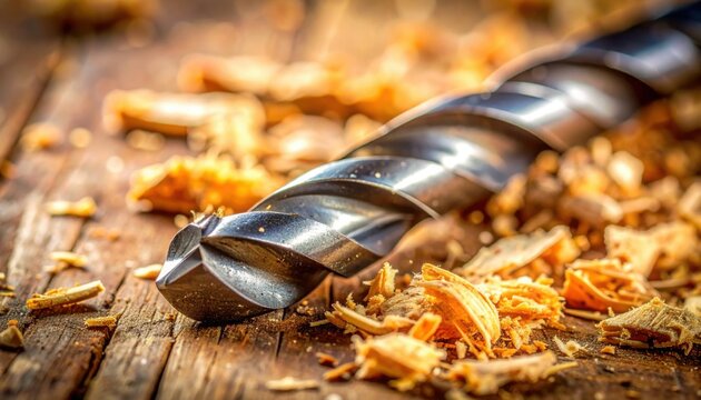 Close up view of a metal spiral drill bit lying on a wooden workbench covered in fresh light colored sawdust and wood chips