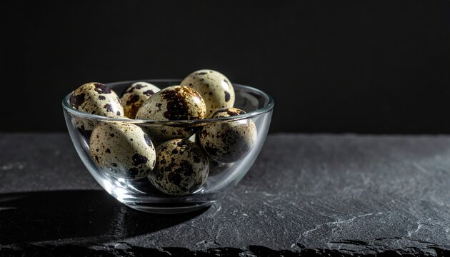 Small speckled quail eggs piled inside a clear glass bowl resting on a dark slate surface with dramatic side lighting and shadows