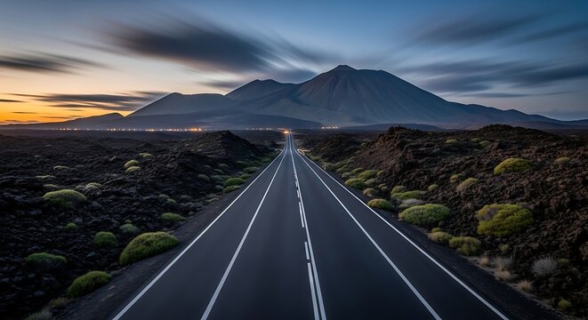 Empty asphalt road stretching towards majestic volcanic mountains at golden sunset