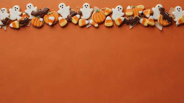 Flat lay of Halloween frosted cookies arranged as an upper border on a vibrant orange surface created with generative AI.