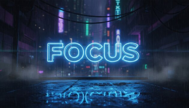 Luminous blue neon sign displaying the word focus on a dark city street during a rainy night with blurred urban lights