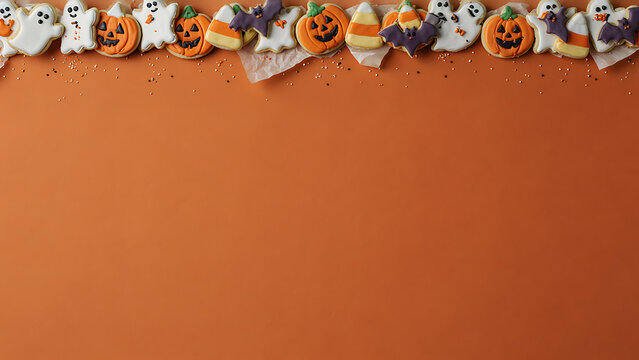 Overhead view of decorated Halloween sugar cookies forming a top border on a solid orange background created with generative AI.