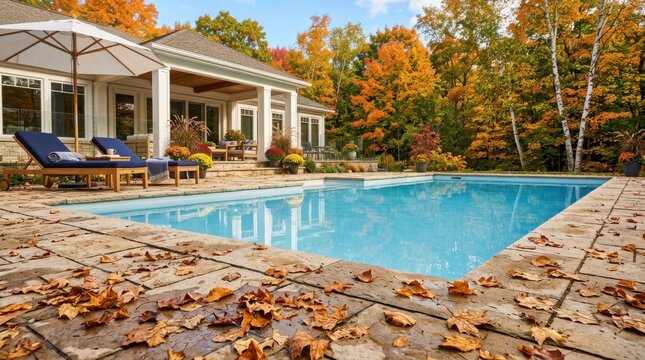 Autumn poolside scene with leaves , Fall And Autumn Season, Halloween, Thanksgiving