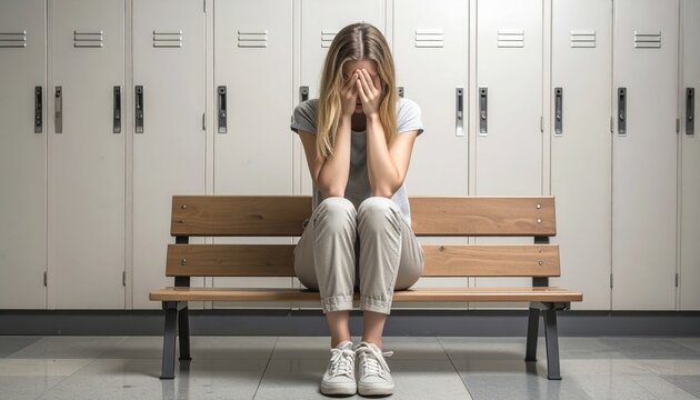 Young woman sitting alone on wooden bench in front of school lockers with head in hands showing signs of stress exhaustion or bullying