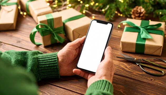 Hands of person in green sweater holding smartphone with empty white screen over wooden table with gifts and scissors