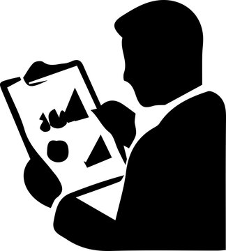 Business analyst silhouette examining financial data reports on clipboard profile.