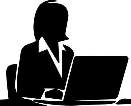 Businesswoman working on laptop computer side view silhouette for office icon.