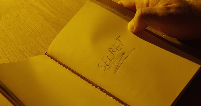 Close-up of a hand touching the word &ldquo;Secret&rdquo; written in a notebook under dramatic warm cinematic lighting.