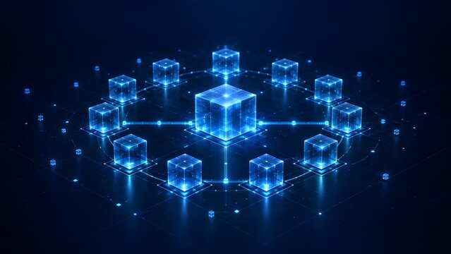 Decentralized network architecture featuring glowing blue glass cubes interconnected on a dark technological grid
