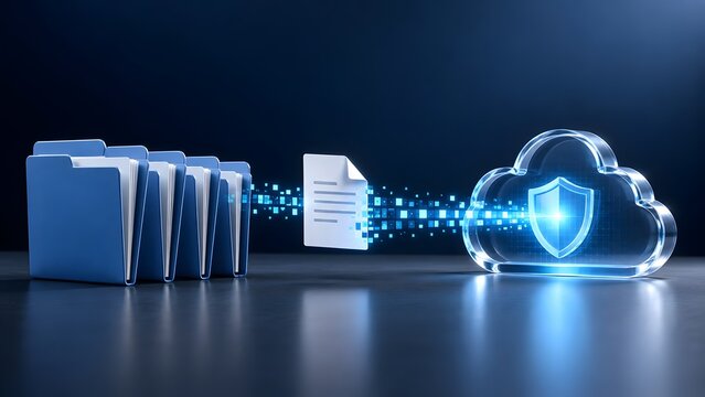 Secure cloud computing migration concept showing physical folders transforming into encrypted digital data streams entering a glowing shield portal