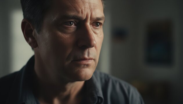 Mature man with a focused and contemplative look on his face illuminated by soft light in a dimly lit indoor setting showing deep emotion