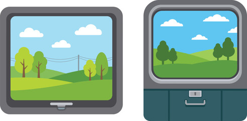Obraz premium Window view of green landscape with trees and clouds in flat vector illustration style