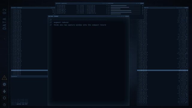 Blue cyber developer terminal HUD UI with animated code and data graphs, programming screen with file lists and system logs, futuristic tech interface