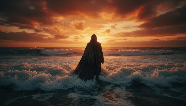 Solitary hooded person walks through ocean foam during a deep orange sunset with a moody sky and crashing waves on the beach