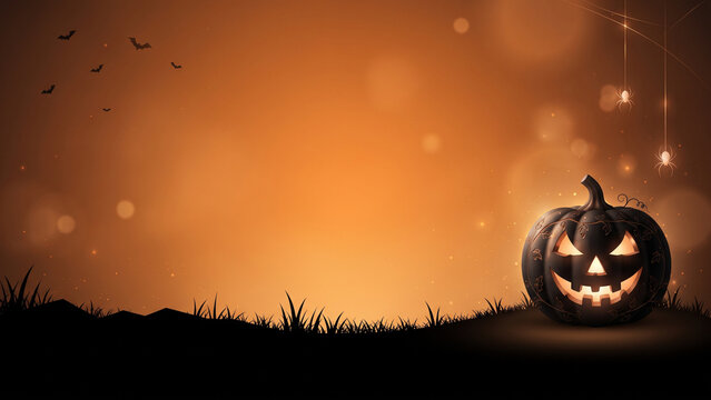 A sinister dark carved pumpkin sitting on a grassy mound against a warm orange bokeh background featuring hanging spiders and flying bats for Halloween designs.
