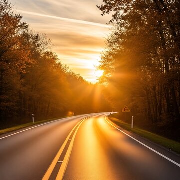 Empty asphalt road winding through golden autumn forest at sunset time