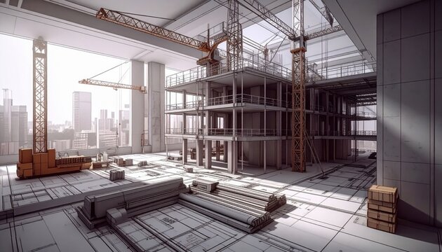 Technical drawing of interior building framework during construction phase with scaffolding and materials on site floor