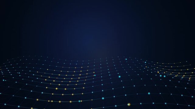 Digital Data Mesh Wave with Glowing Sapphire and Gold Nodes for Corporate Tech Background