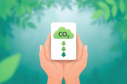 Graphic illustration of hands holding sustainable carbon dioxide reduction concept for climate change.