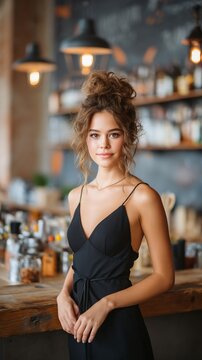 Young woman in black dress poses near a bar, light fixtures above. Natural light
