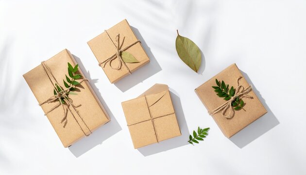 Sustainable gifts wrapped in kraft paper with twine and foliage eco friendly gift wrapping brown paper twine ribbon