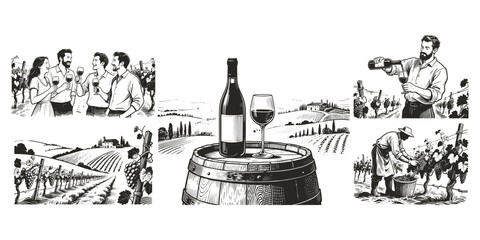 Naklejka premium Monochrome engraved vineyard collage with wine bottle, glass, growers, and friends on white, celebrating wine culture, harvest
