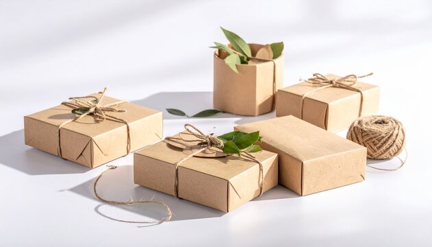 Natural craft paper gift boxes decorated with green leaves and rustic twine string brown paper gift wrapping eco friendly
