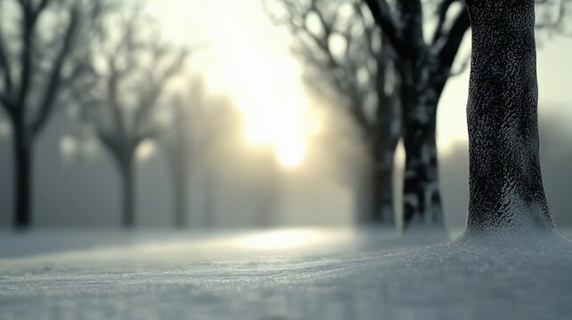Sunlit snowy winter scene with trees.