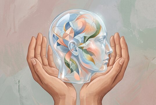 Two hands support a clear head filled with colorful patterns. The setting is abstract with soft colors, emphasizing themes related to mental health and well-being
