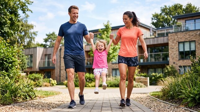 Smiling parents walk on a paved path, each holding a small girl&rsquo;s hand as she swings between them. Modern residential buildings and greenery line the walkway