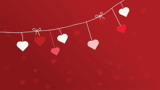 Valentine day background with hanging paper hearts illustration