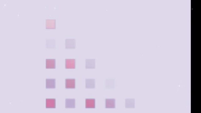 Geometric square pattern arranges pink and purple blocks in a triangular formation against a pale background.